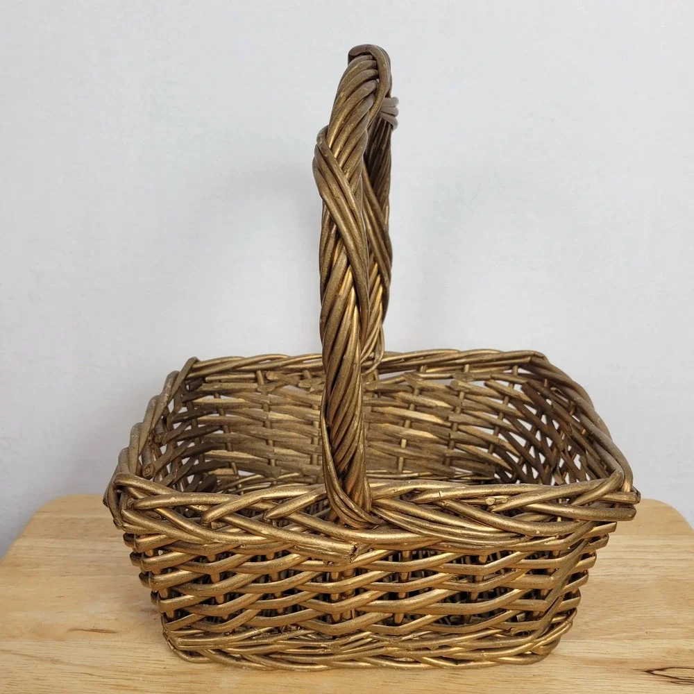 Gold Painted Wicker Flower Basket Vintage Gathering Woven Basket With Handle